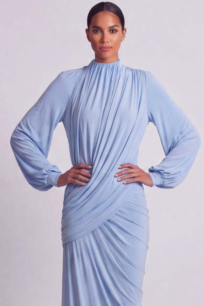 Modest Blue Sheath Ruched Maxi Formal Dress with Sleeves