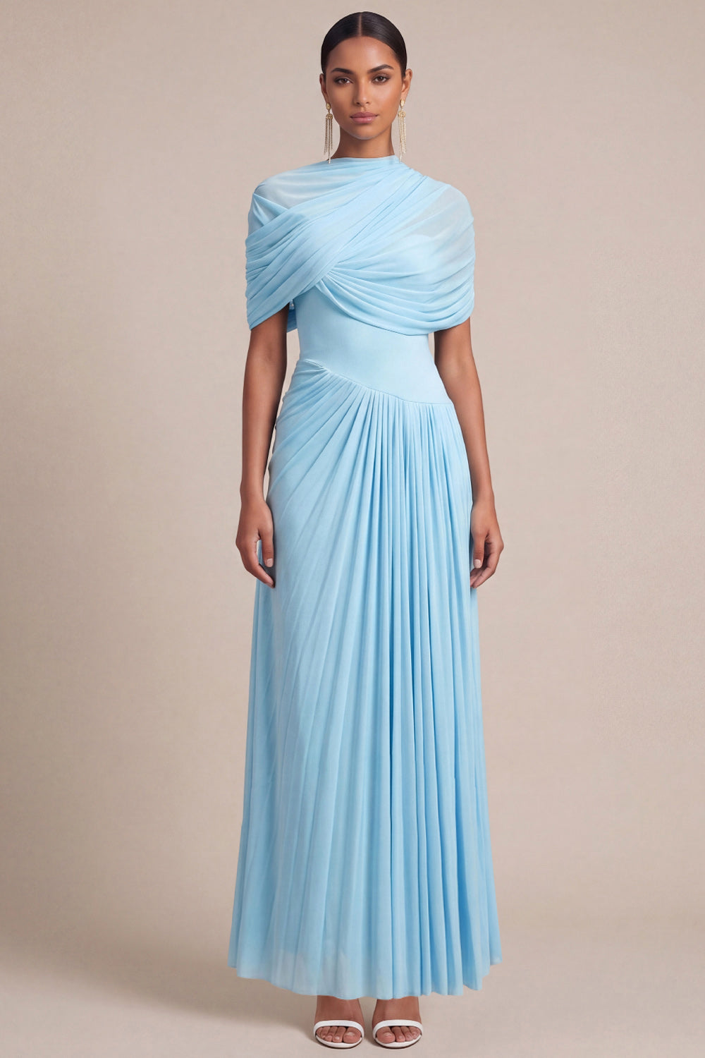 Leely Women Light Blue Pleated Long Formal Dress with Cape Sleeveless A Line Wedding Guest Dress