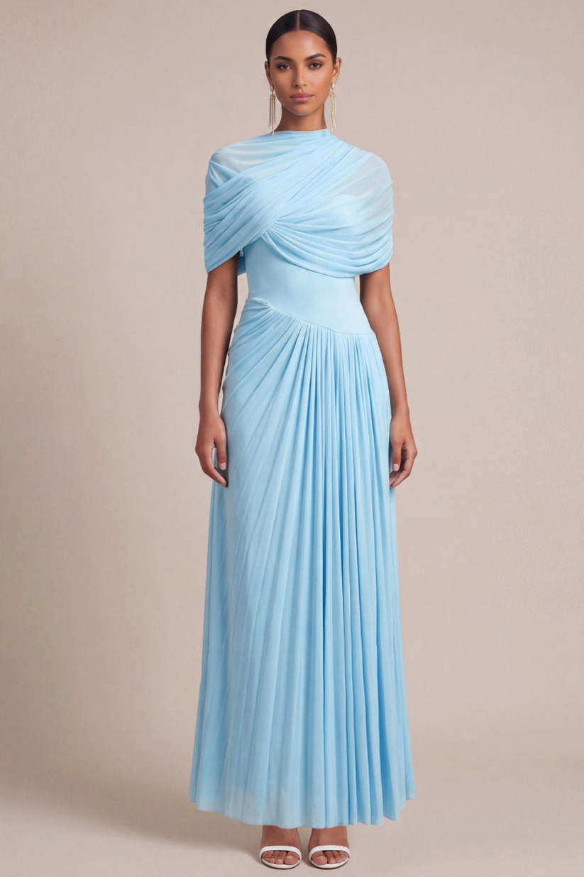 Leely Women Light Blue Pleated Long Formal Dress with Cape Sleeveless A ...