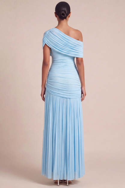 Light Blue A Line Pleated Long Formal Dress with Cape