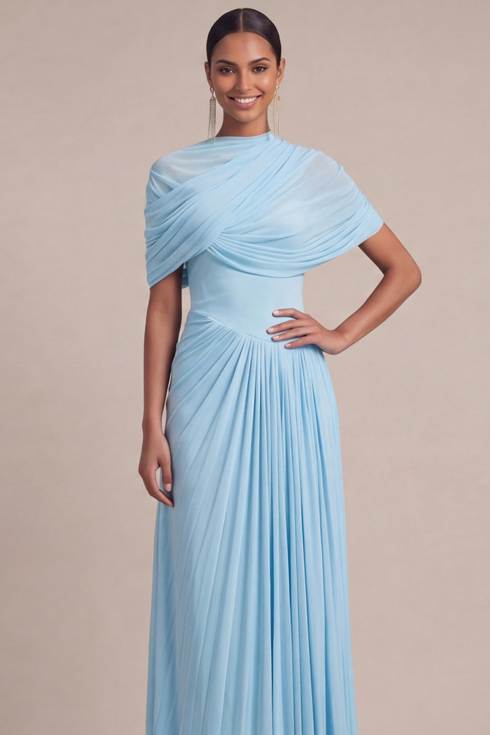 Light Blue A Line Pleated Long Formal Dress with Cape