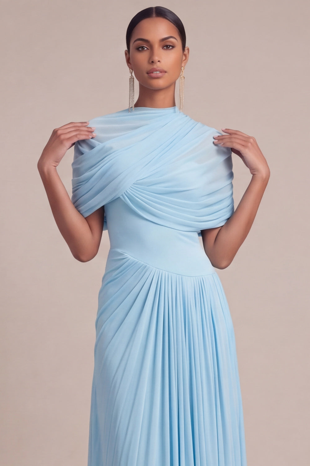 Light Blue A Line Pleated Long Formal Dress with Cape