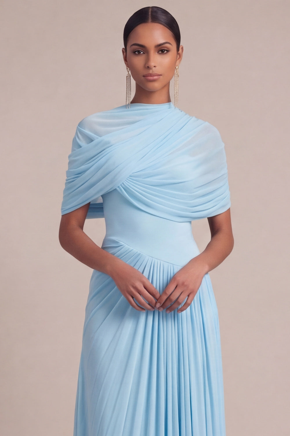 Light Blue A Line Pleated Long Formal Dress with Cape