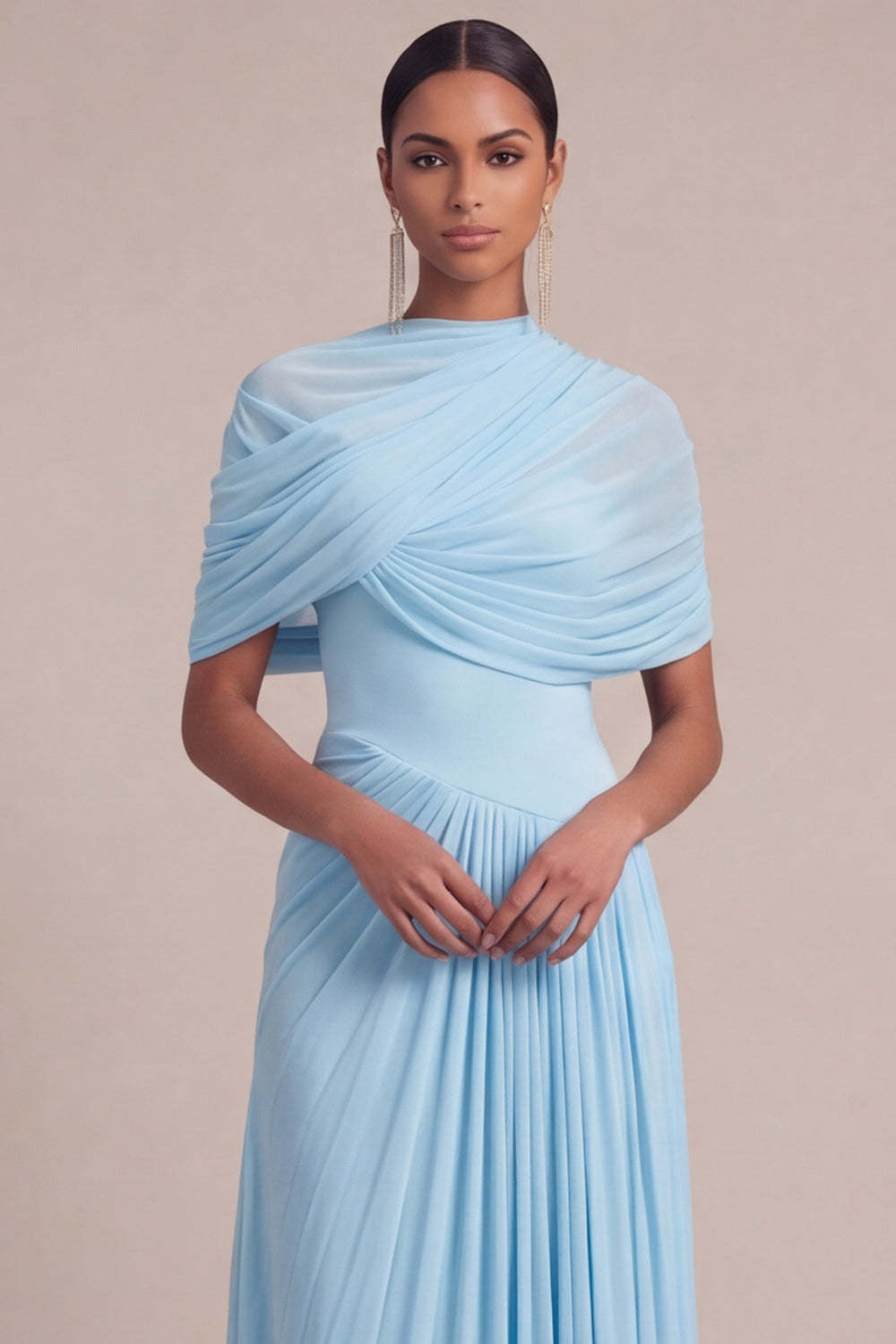 Light Blue A Line Pleated Long Formal Dress with Cape