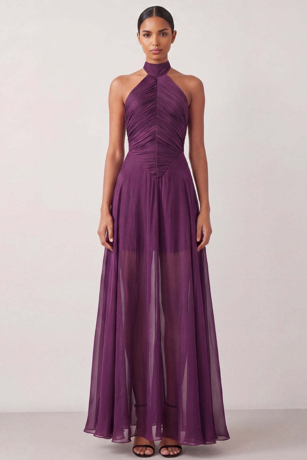 Leely Women Grape A Line Halter Neck Long Formal Dress Pleated Backless Wedding Guest Dress