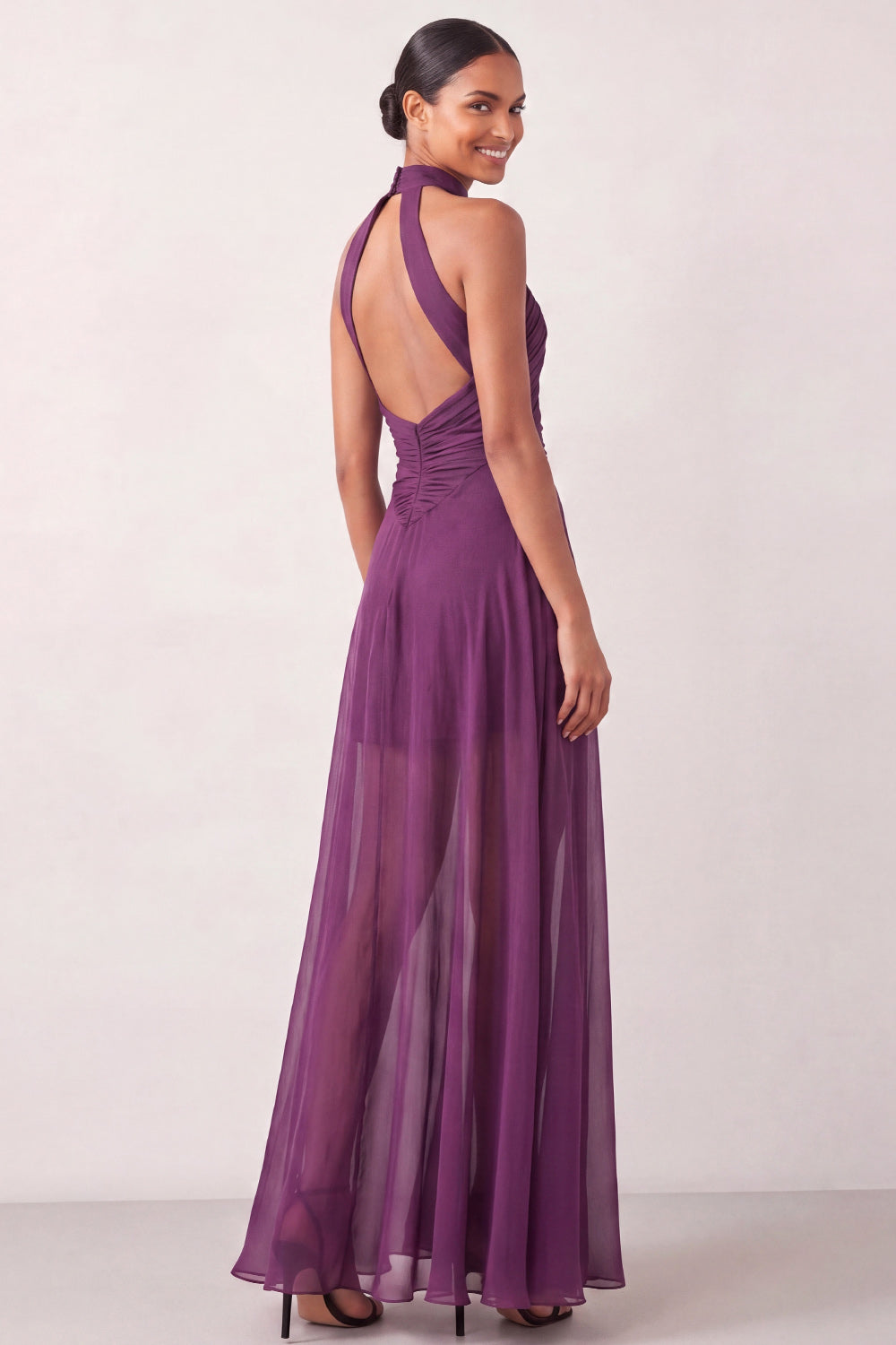 Grape A Line Halter Neck Long Formal Dress