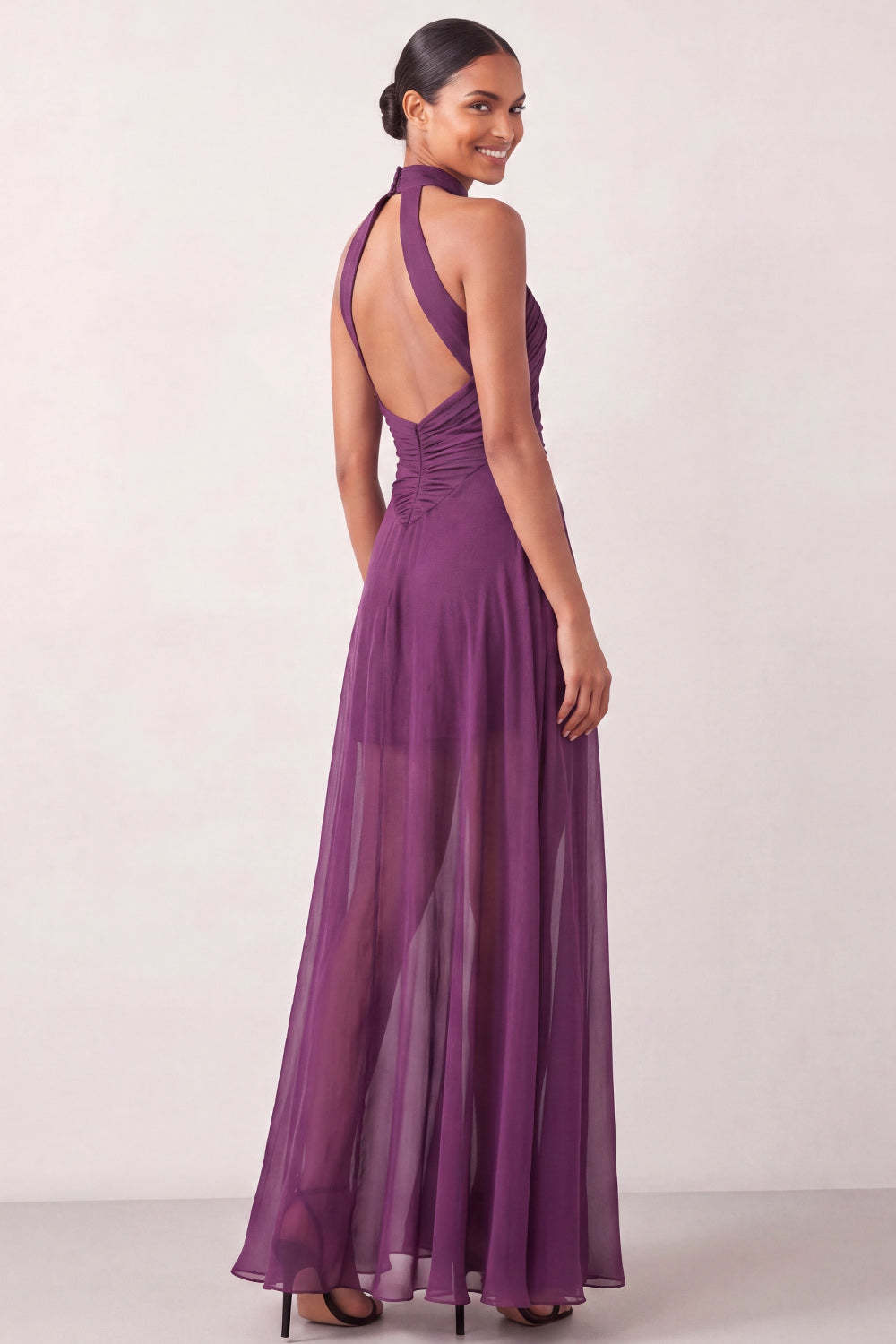 Grape A Line Halter Neck Long Formal Dress