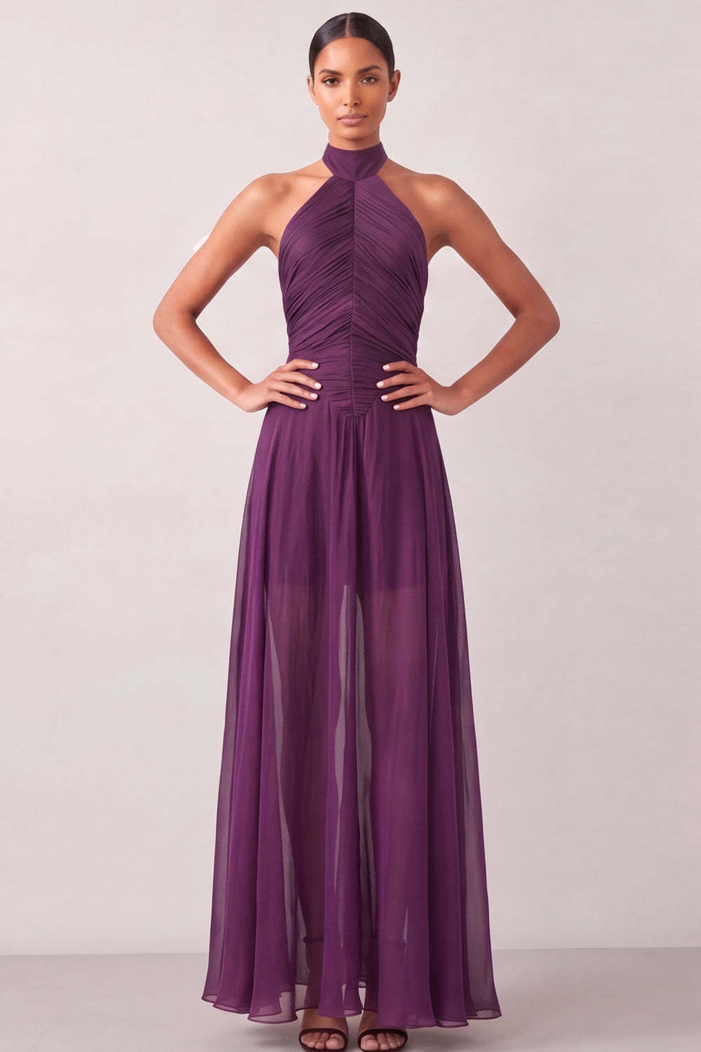 Grape A Line Halter Neck Long Formal Dress