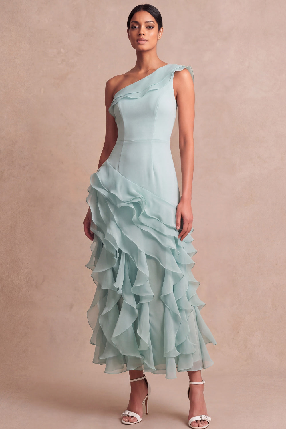Lake Blue Maxi One Shoulder Formal Dress with Ruffles