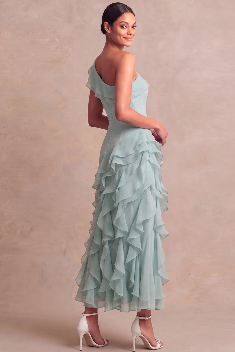 Lake Blue Maxi One Shoulder Formal Dress with Ruffles