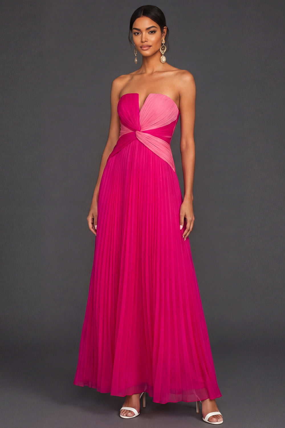 Leely Women Fuchsia A Line Long Formal Dress Pleated Strapless Front Twisted Sleeveless Evening Dress