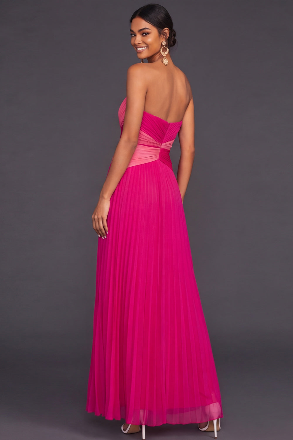 Fuchsia Pleated Strapless Front Twisted A Line Maxi Formal Dress