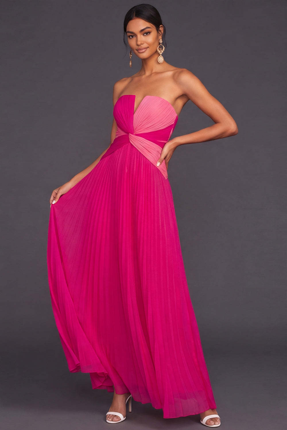 Fuchsia Pleated Strapless Front Twisted A Line Maxi Formal Dress