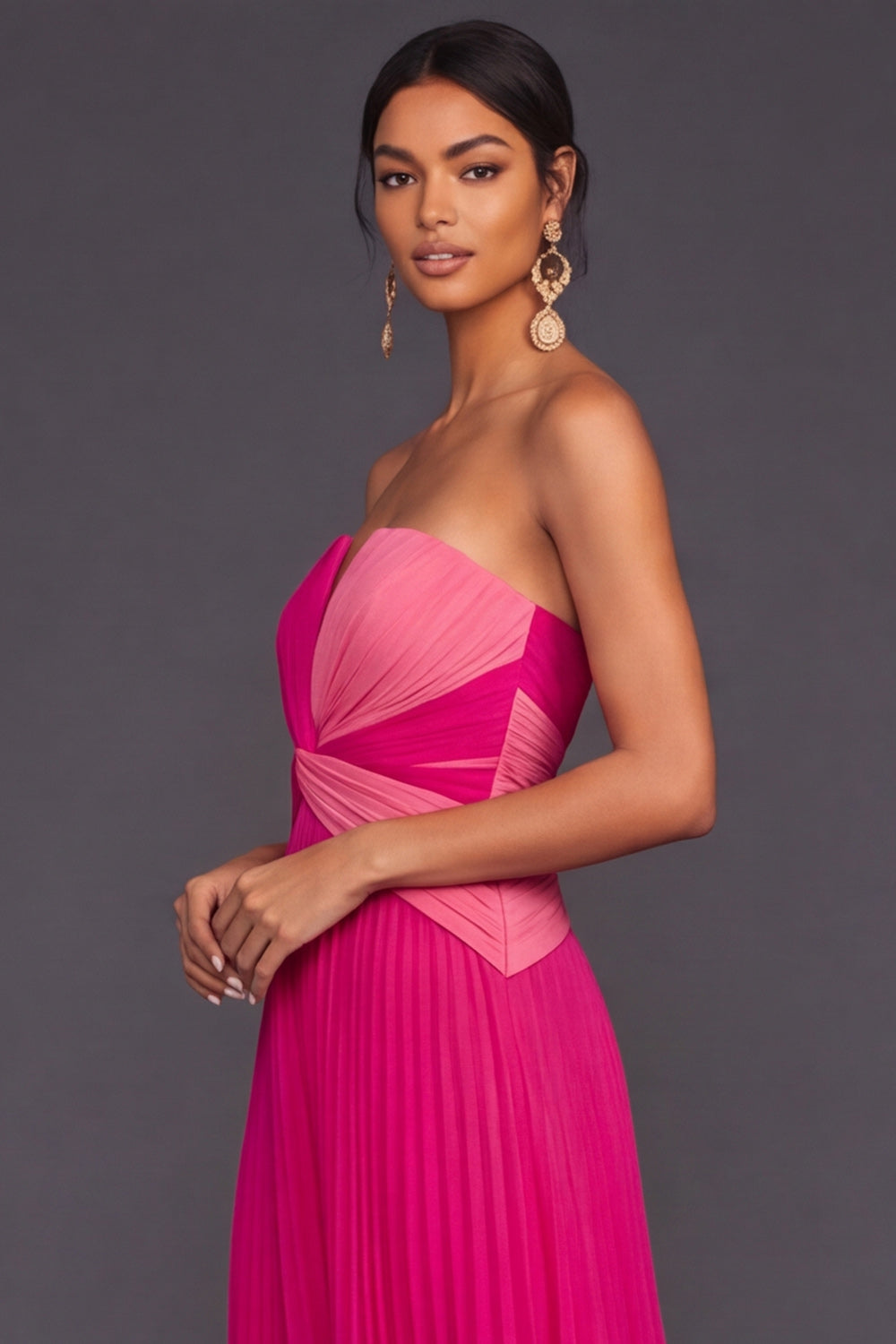 Fuchsia Pleated Strapless Front Twisted A Line Maxi Formal Dress