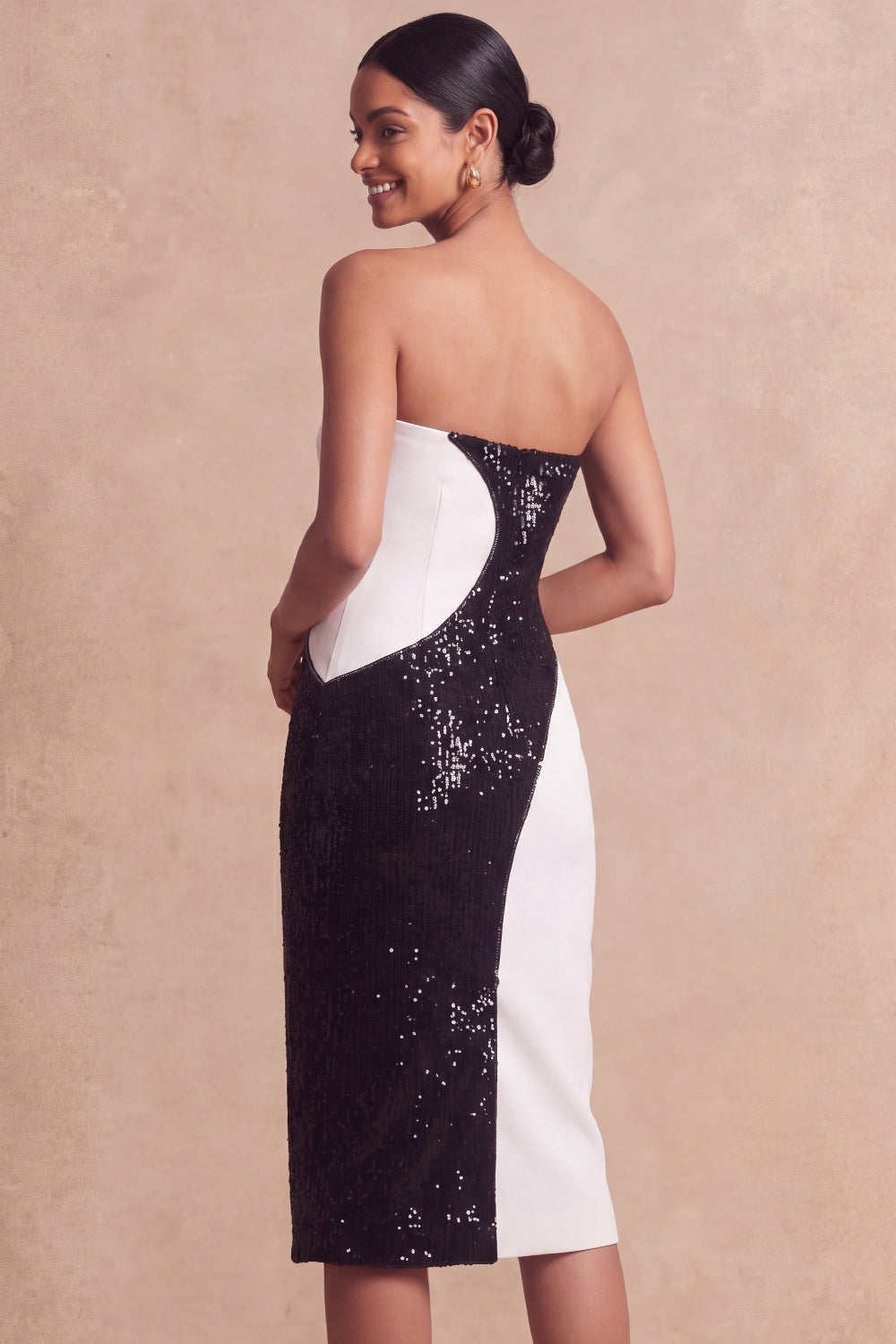 Black and White Strapless Sequined Short Bodycon Formal Dress