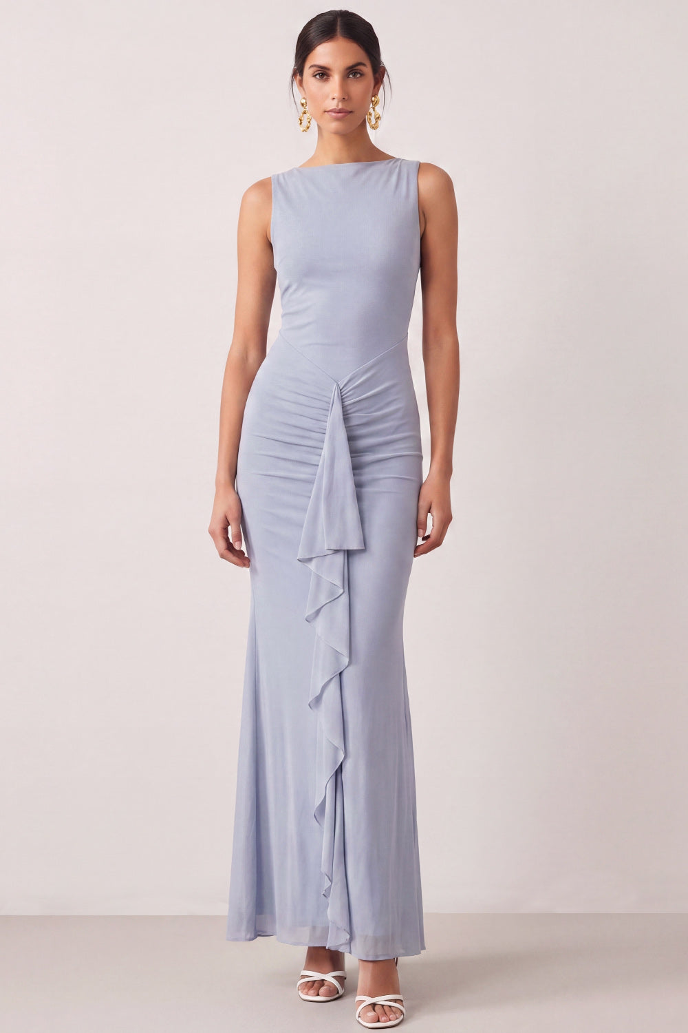 Leely Women Dusty Blue Mermaid Ruffled Long Formal Dress Sleeveless Round Neck Wedding Guest Dress