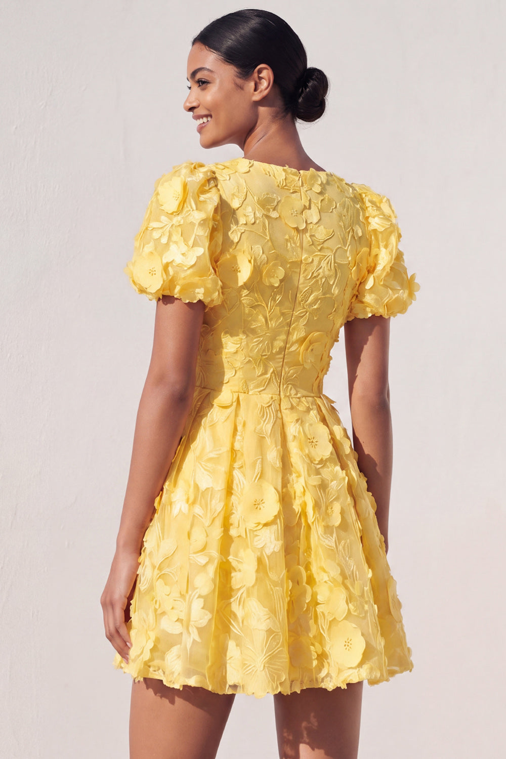 Light Yellow Floral Appliqued Short Summer Formal Dress