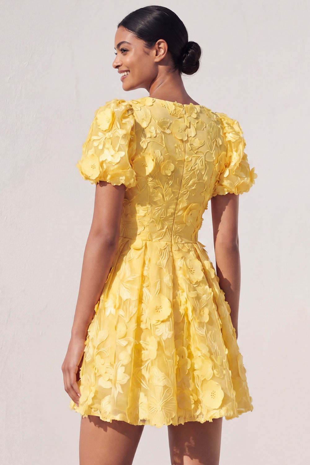 Light Yellow Floral Appliqued Short Summer Formal Dress