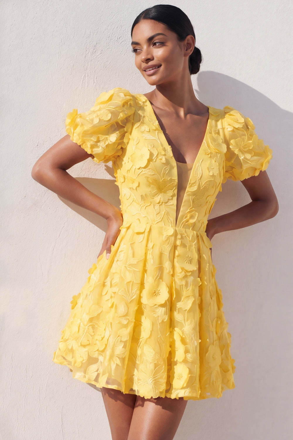 Light Yellow Floral Appliqued Short Summer Formal Dress