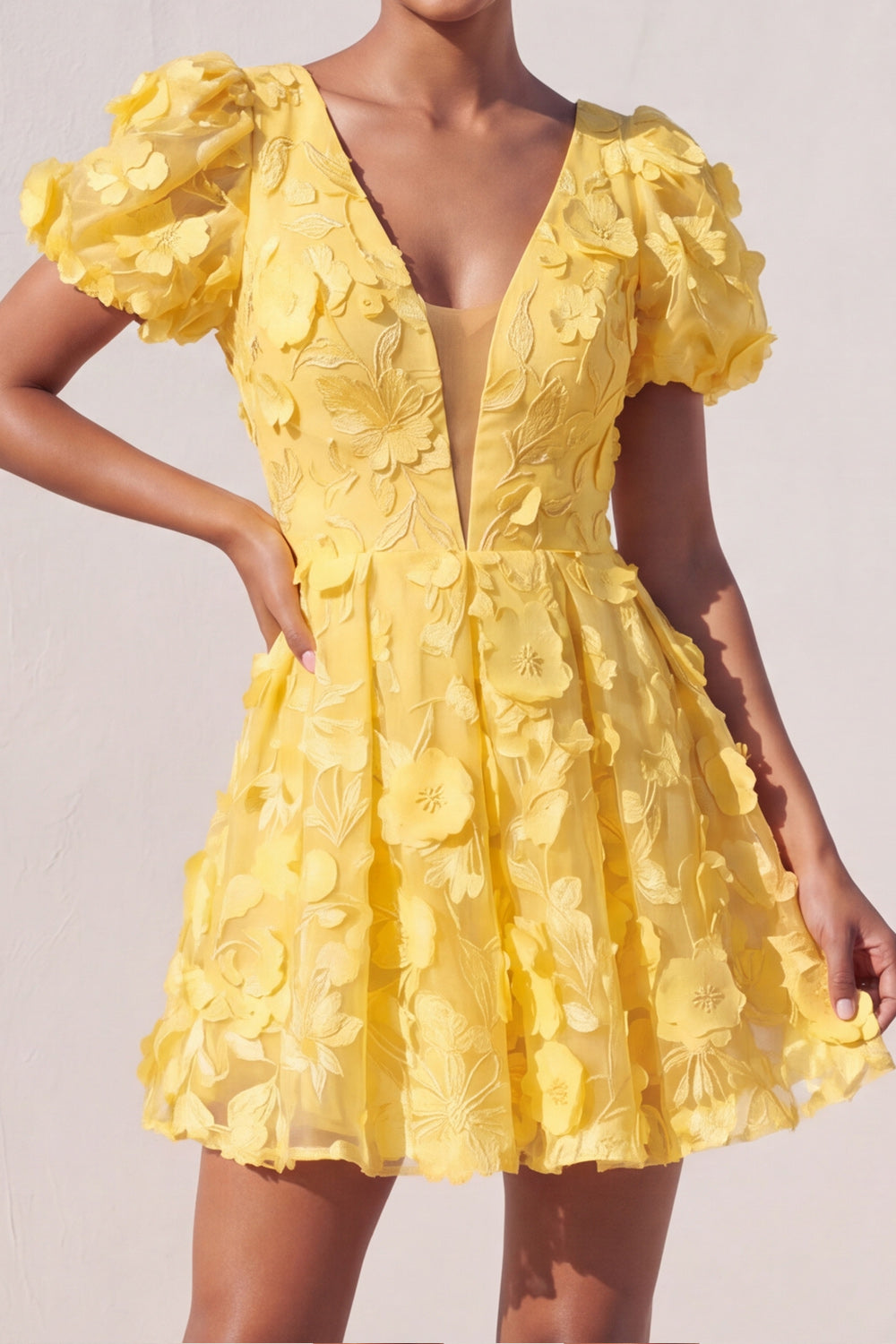 Light Yellow Floral Appliqued Short Summer Formal Dress