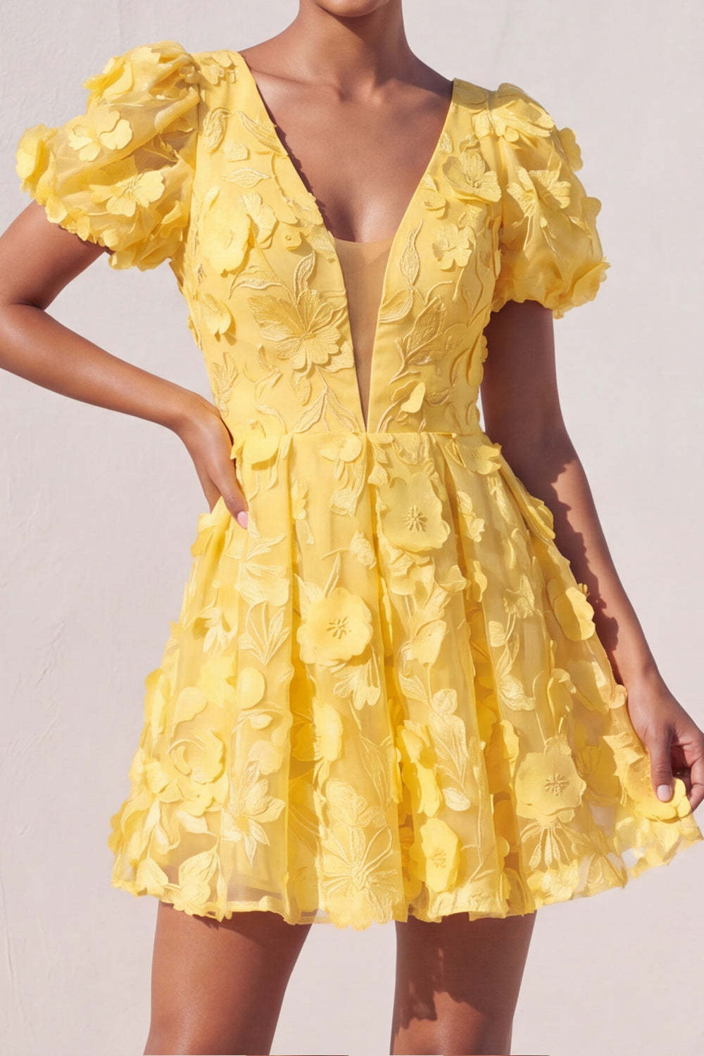 Light Yellow Floral Appliqued Short Summer Formal Dress