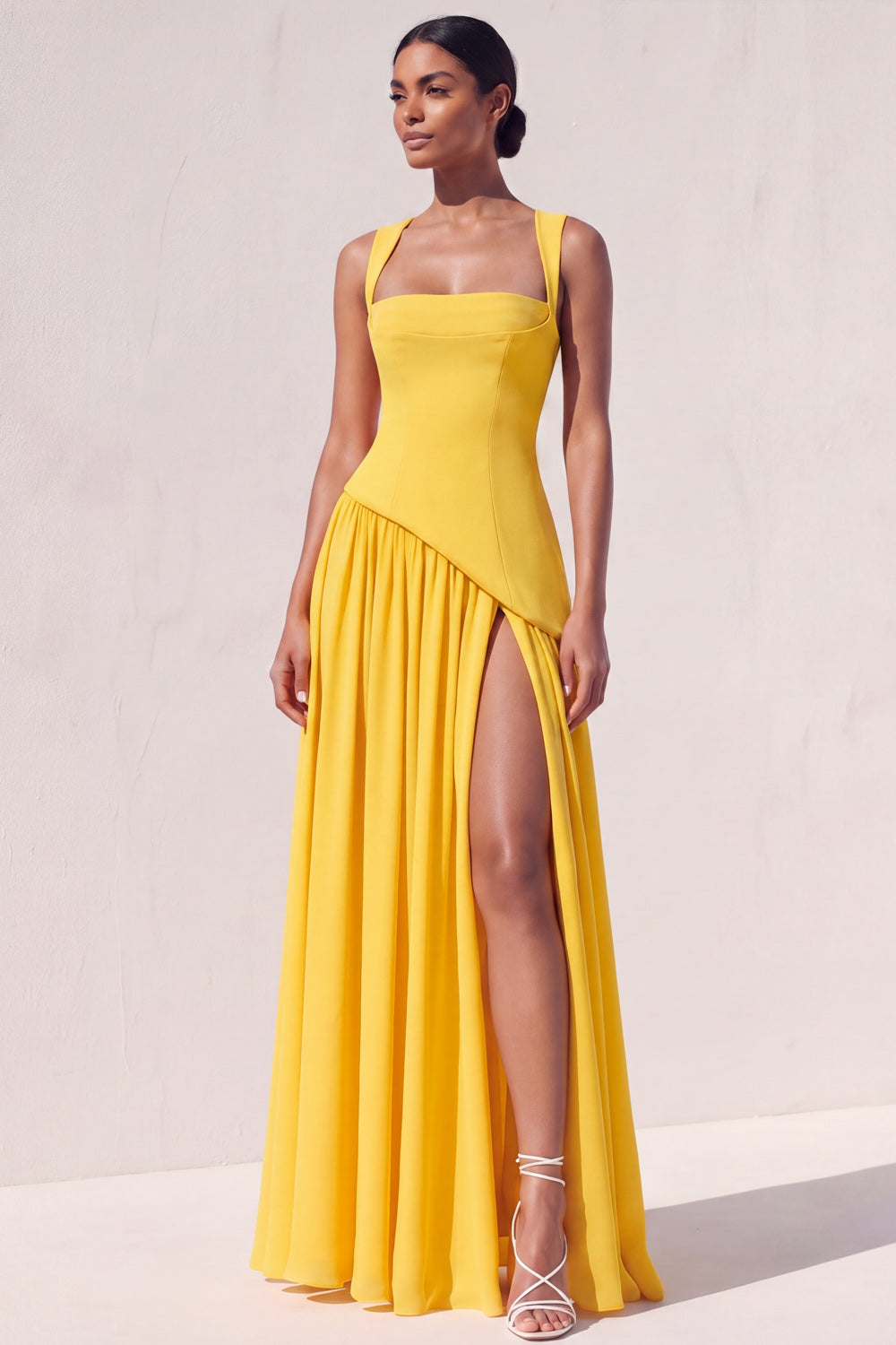 Yellow A Line Long Lace up Back Formal Dress with Slit