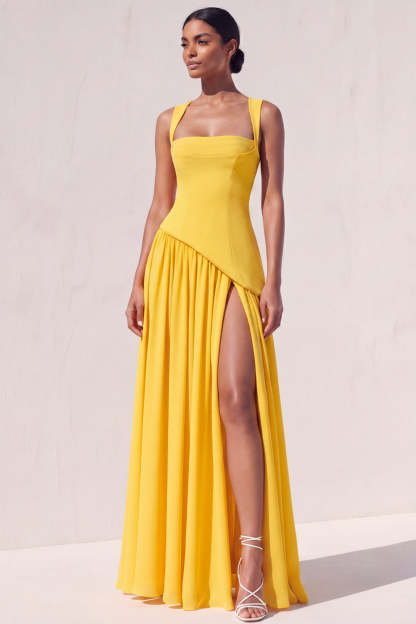 Yellow A Line Long Lace up Back Formal Dress with Slit