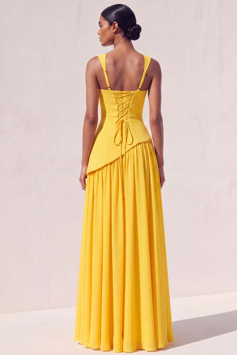 Yellow A Line Long Lace up Back Formal Dress with Slit