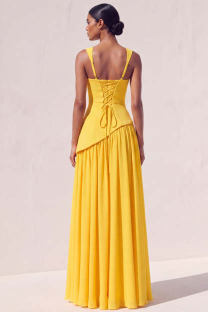 Yellow A Line Long Lace up Back Formal Dress with Slit