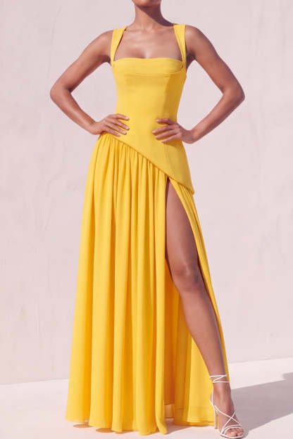 Yellow A Line Long Lace up Back Formal Dress with Slit