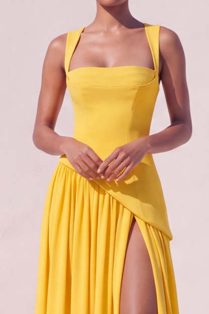 Yellow A Line Long Lace up Back Formal Dress with Slit