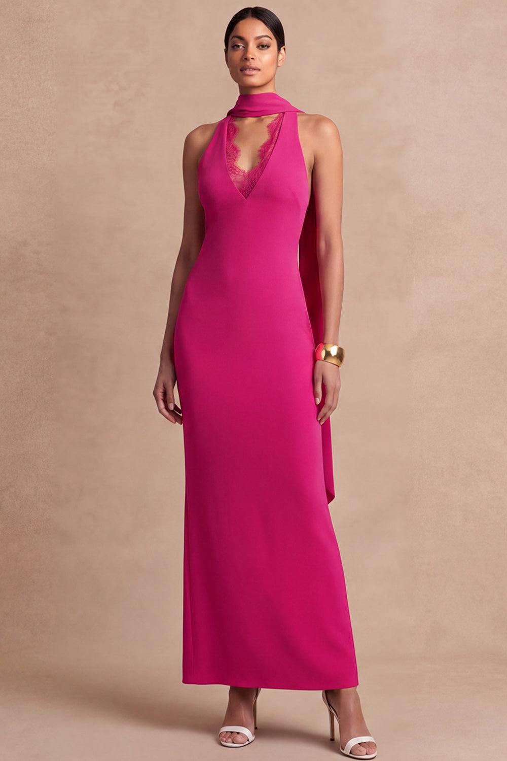 Fuchsia Sheath Neck Scarf Maxi Formal Dress with Lace