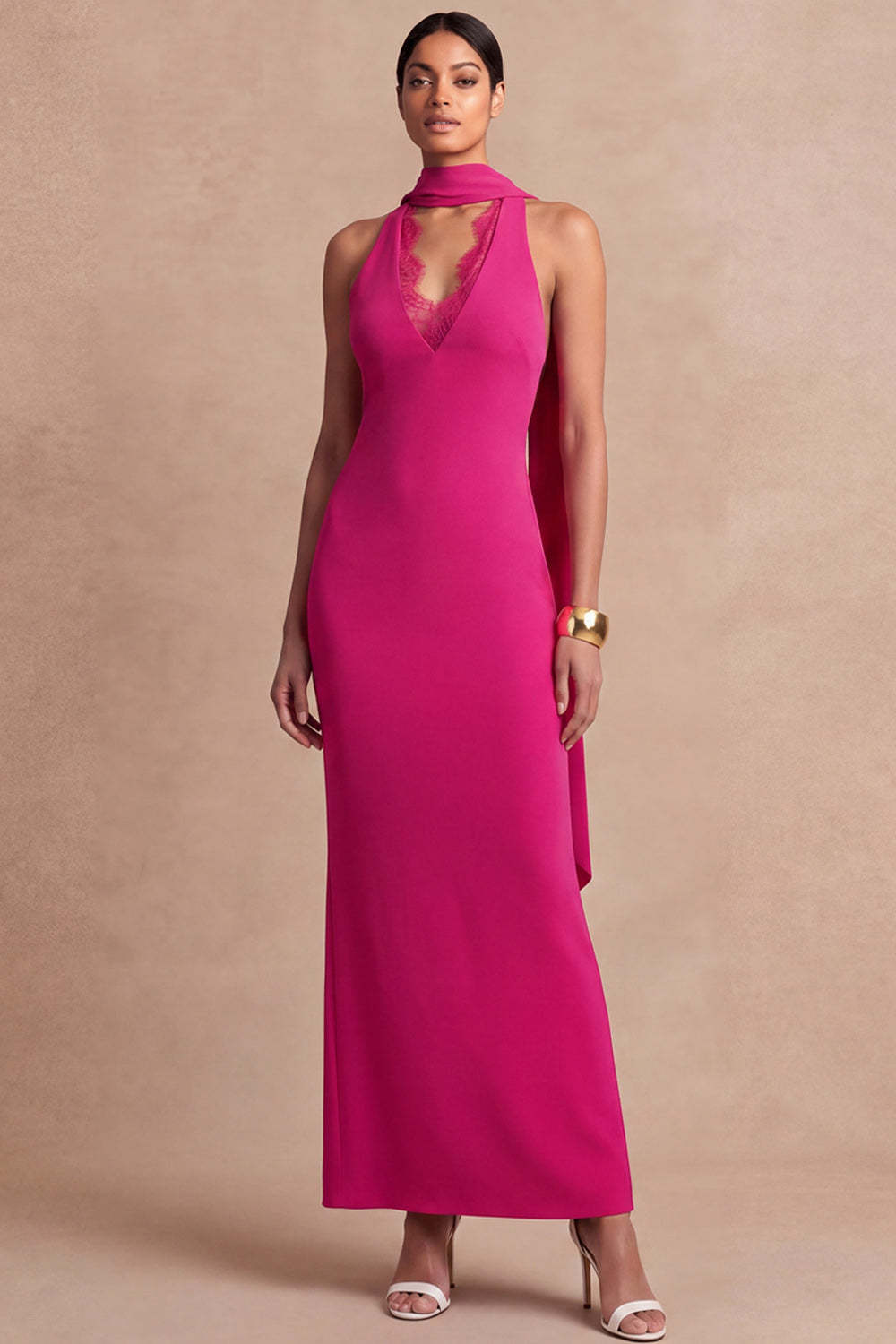Leely Women Fuchsia Sheath Maxi Formal Dress with Lace Halter Neck Sleeveless Neck Scarf Wedding Guest Dress