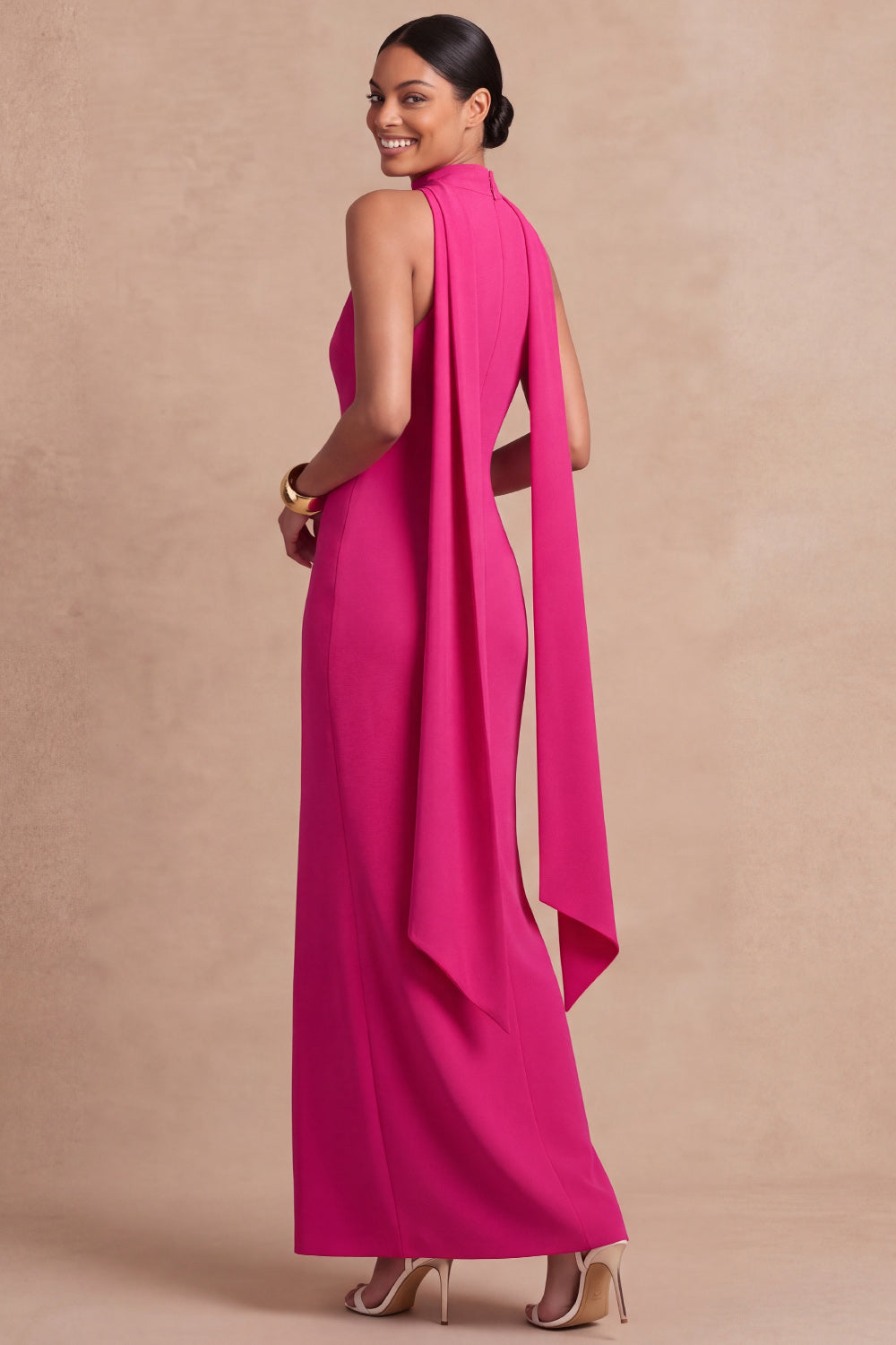 Fuchsia Sheath Neck Scarf Maxi Formal Dress with Lace