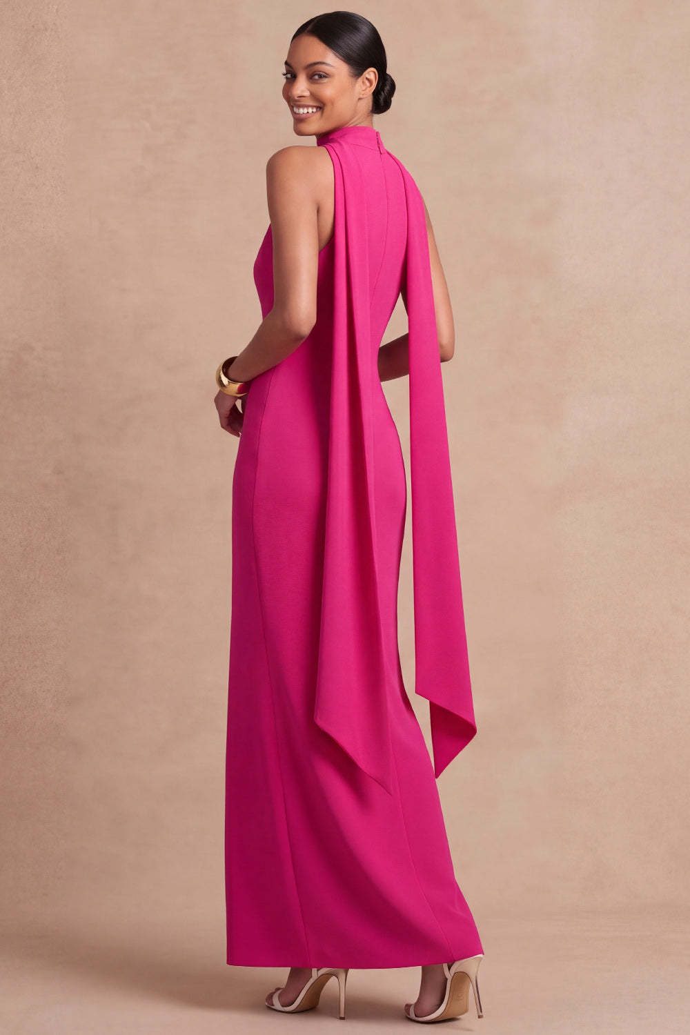 Fuchsia Sheath Neck Scarf Maxi Formal Dress with Lace