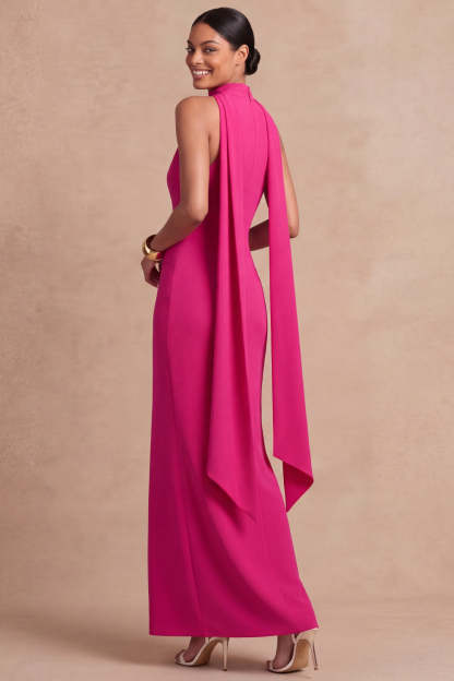 Fuchsia Sheath Neck Scarf Maxi Formal Dress with Lace