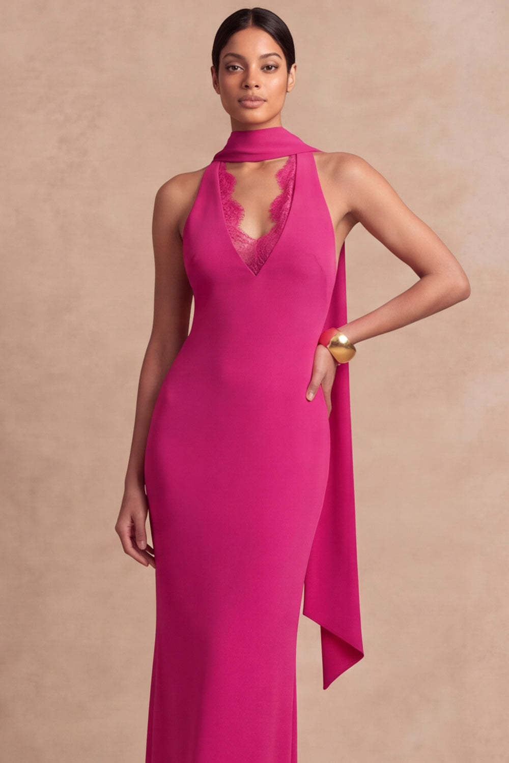 Fuchsia Sheath Neck Scarf Maxi Formal Dress with Lace