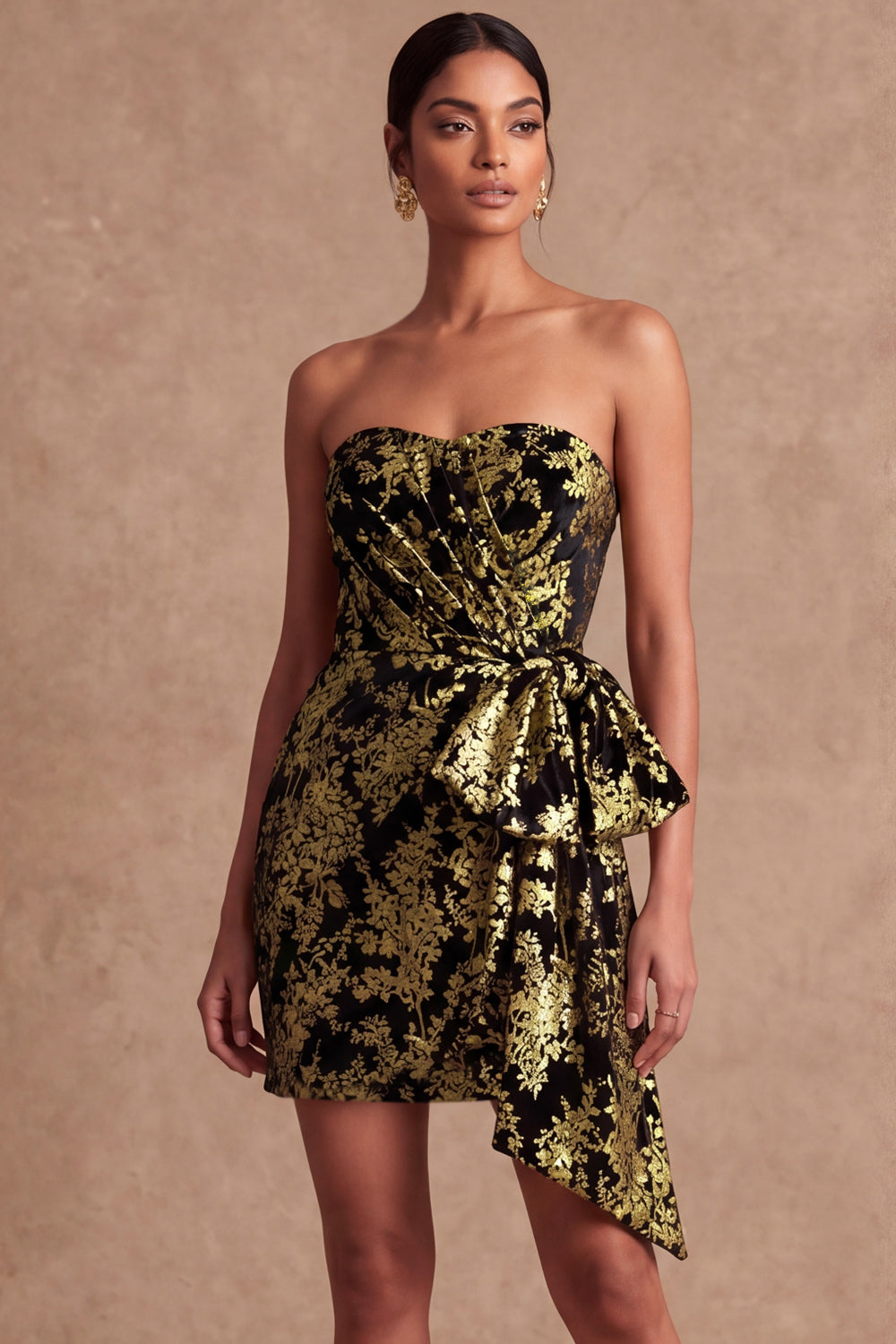 Golden Floral Bodycon Ruched Short Formal Dress