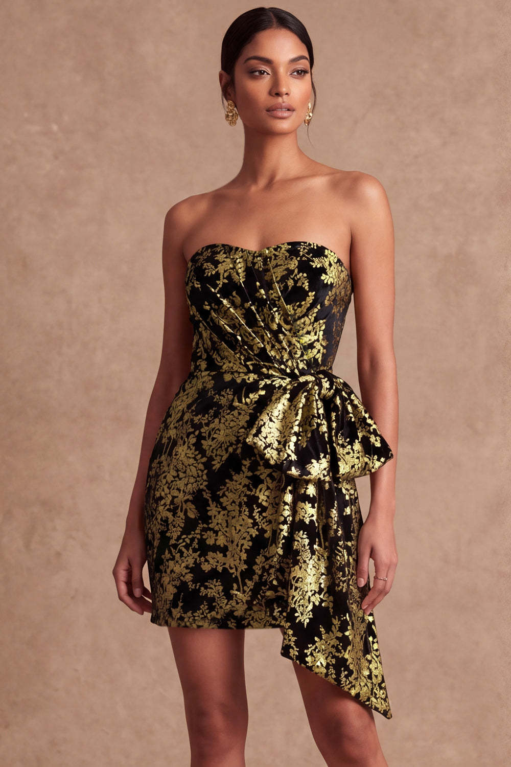 Leely Women Golden Floral Bodycon Ruched Short Formal Dress Sweetheart Backless Sleeveless Wedding Guest Dress