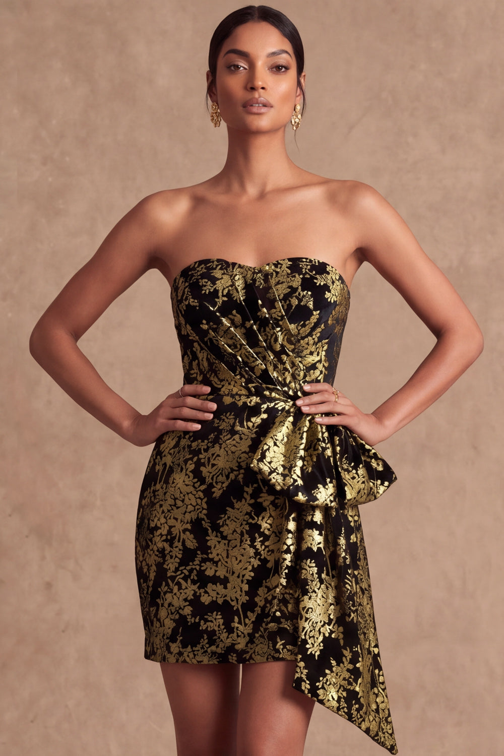 Golden Floral Bodycon Ruched Short Formal Dress