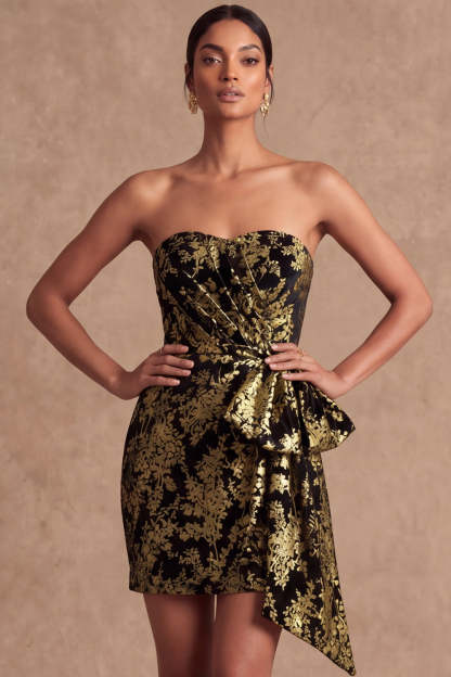 Golden Floral Bodycon Ruched Short Formal Dress
