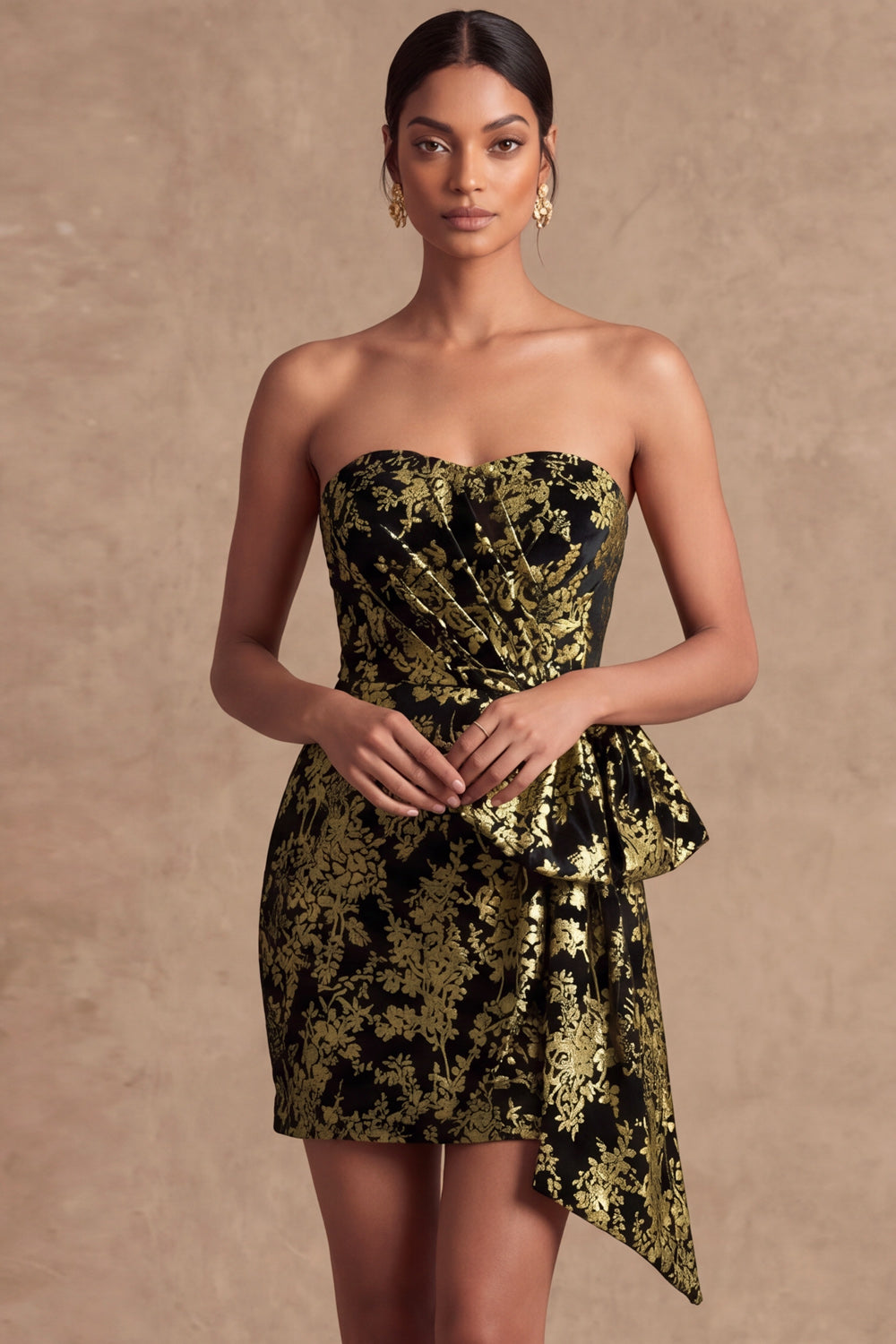 Golden Floral Bodycon Ruched Short Formal Dress