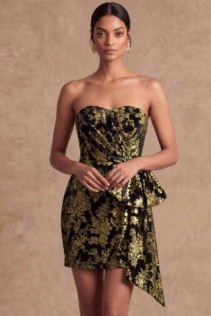Golden Floral Bodycon Ruched Short Formal Dress