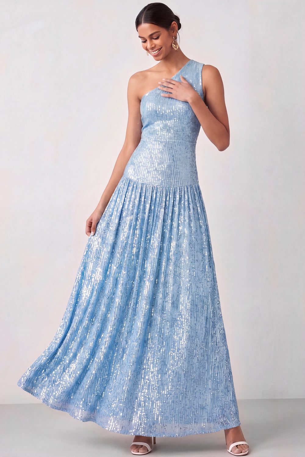 Leely Women Sparkly Light Blue Pleated One Shoulder Long Formal Dress Backless Sleeveless A Line Wedding Guest Dress