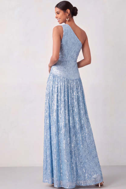 Sparkly Light Blue Pleated One Shoulder Long Formal Dress