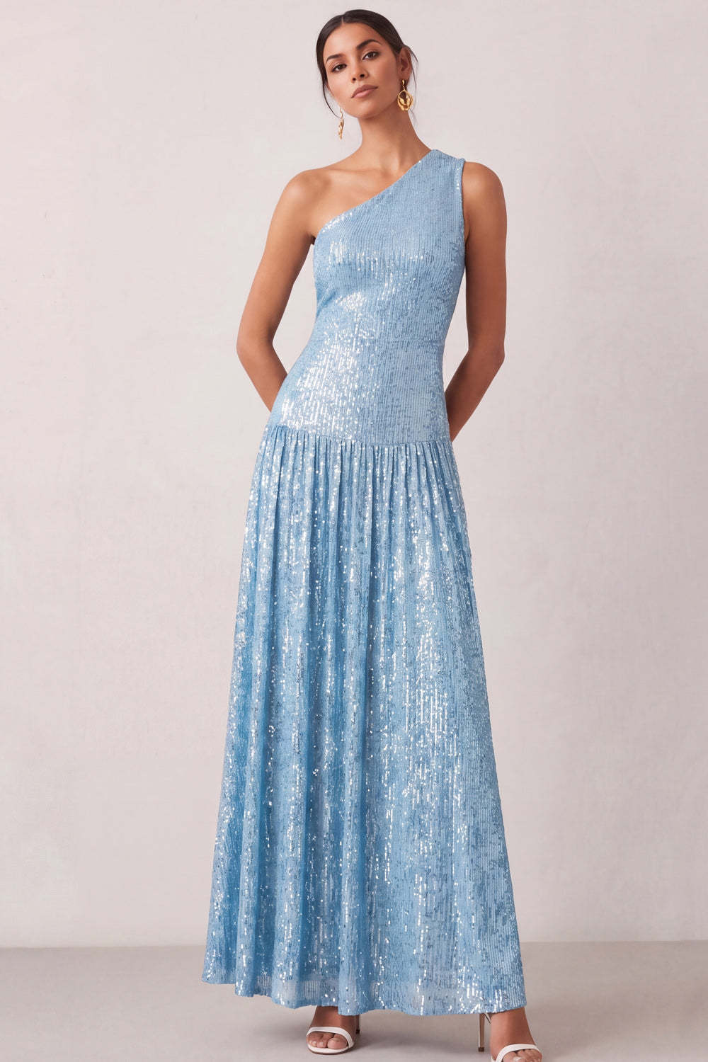 Sparkly Light Blue Pleated One Shoulder Long Formal Dress