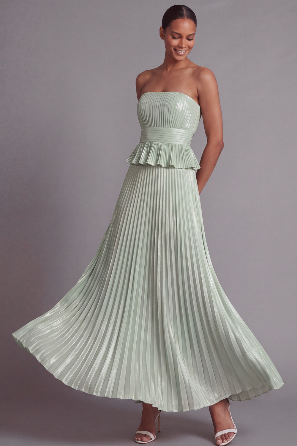 Leely Women Pleated Ruffled A Line Dusty Sage Long Formal Dress Strapless Backless Sleeveless Wedding Guest Dress