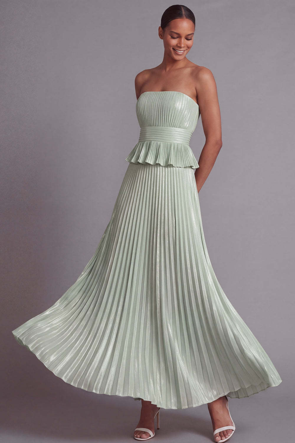 Leely Women Pleated Ruffled A Line Dusty Sage Long Formal Dress Strapless Backless Sleeveless Wedding Guest Dress