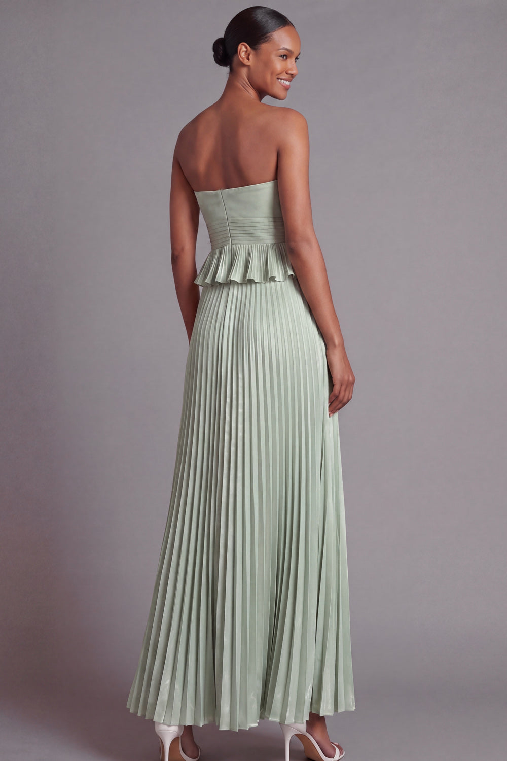 Pleated Ruffled A Line Dusty Sage Long Formal Dress