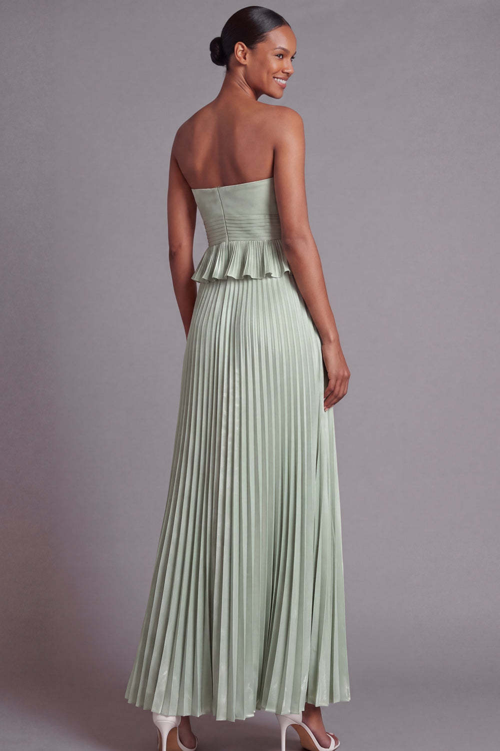 Pleated Ruffled A Line Dusty Sage Long Formal Dress